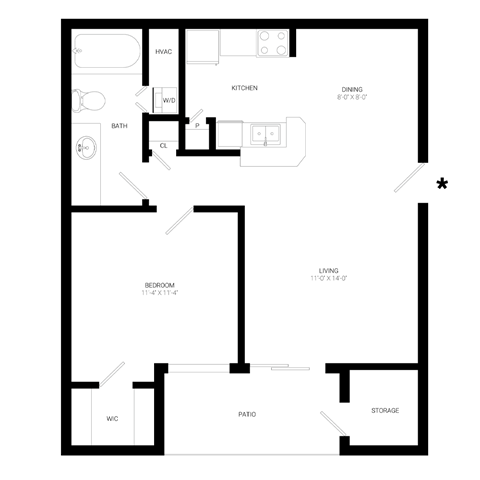 Floor plan for 1 bed, 1 bath, 590 sqft